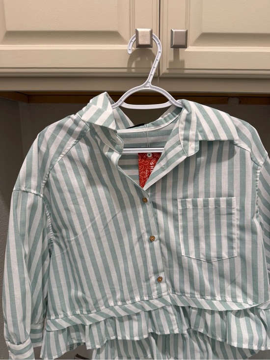 SHEIN Tops - SHEIN BOHO Mint and White Striped Button-Up Shirt with Ruffle Hem